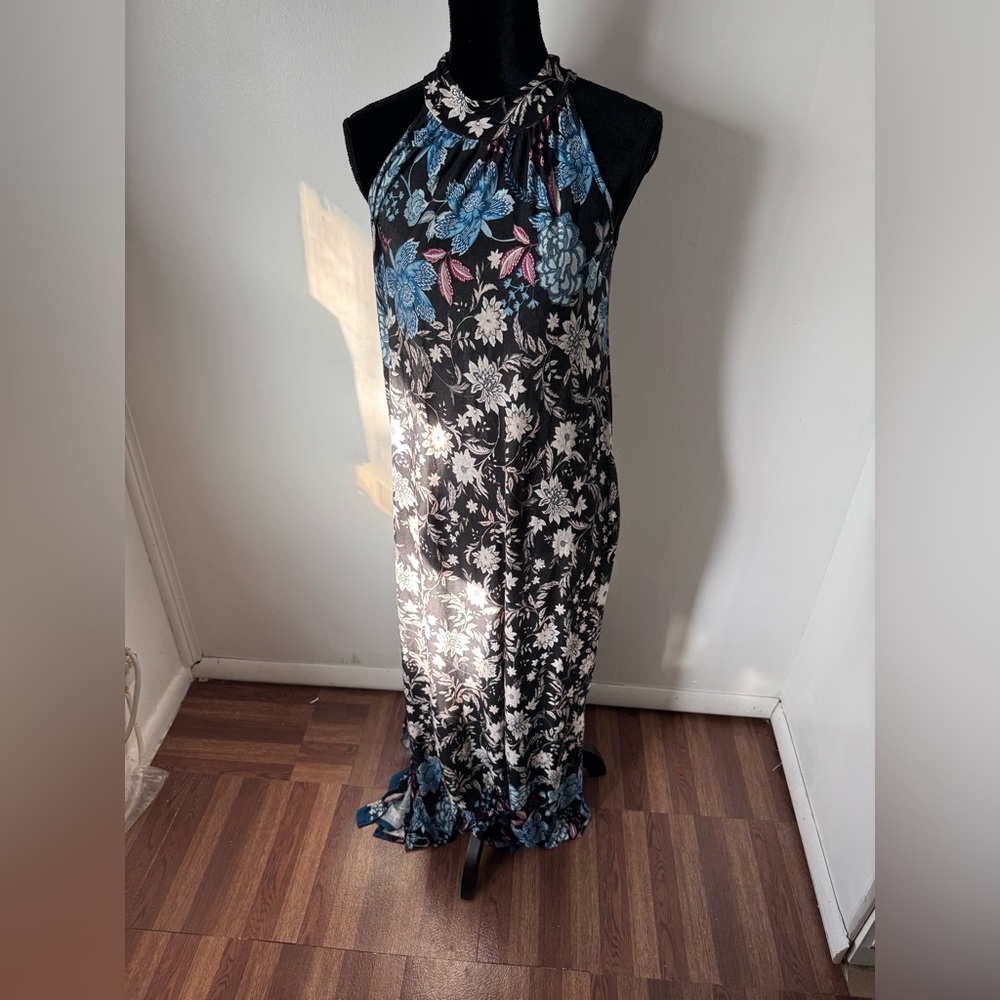Mai Soli Mock Neck Floral Maxi Dress Made in USA Side Slit Key Hole Closer Sm